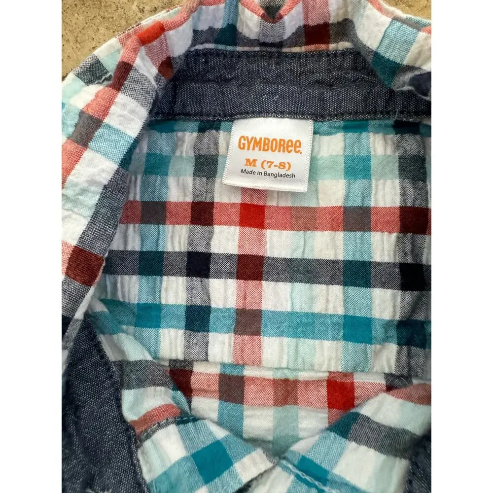 Gymboree Boys Shirt Sz M 7 8 Red White Blue Seersucker Check‎ Jungle Tour Button